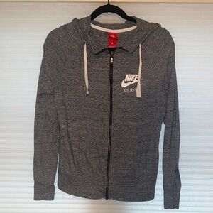 Nike Gray Full-Zip Hoodie Jacket with White Logo and Drawstrings